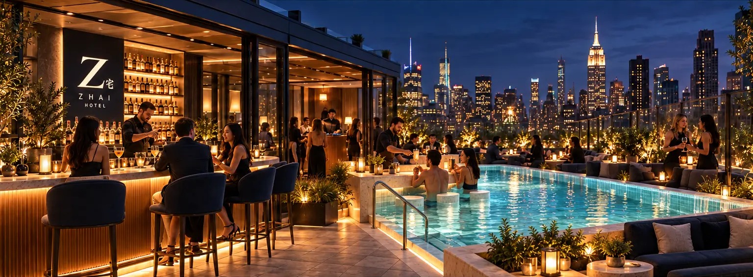 Intimate rooftop pool and lounge bar overlooking the concept city skyline
